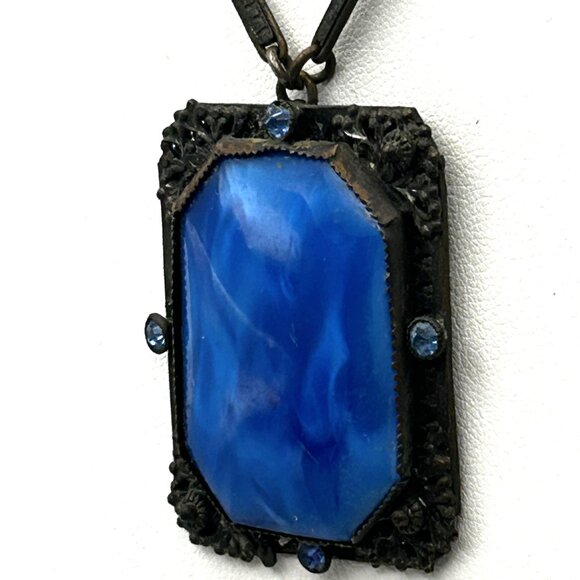 Vintage 1920s Czech Art Deco Blue Glass Necklace Filigree Bar Link Chain 18” - Picture 14 of 16